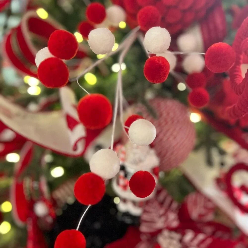 Extra Long 32-inch Red & White Pom Pom Spray - Festive Christmas Tree Decoration